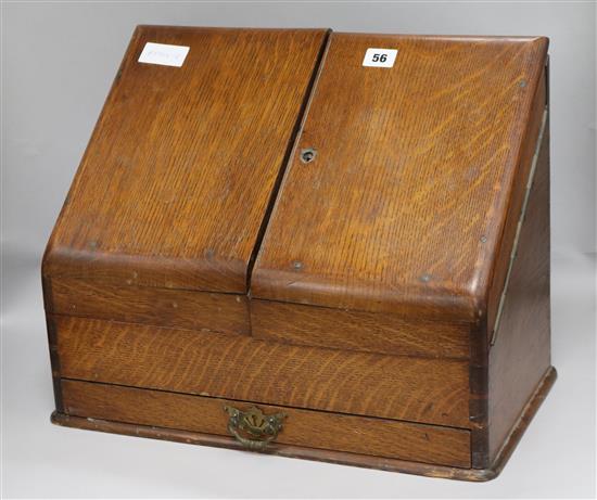 A Victorian oak stationery box height 36cm width 45cm
